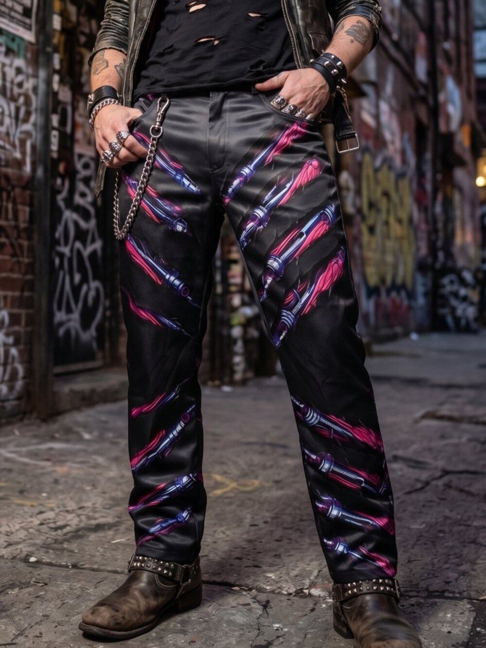 Cyberpunk Bio Mech Jean Style Pants Size 34 waist Black Graffiti Tattoo Rocker